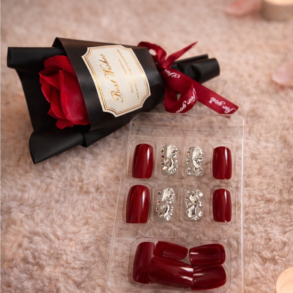 2/ $30 Elegant Red and Silver Press-On Nails